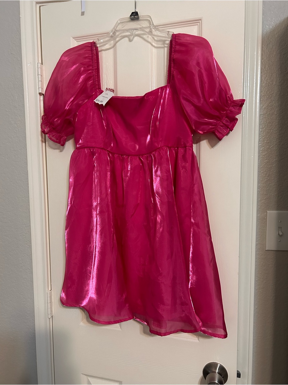 Women's Fuchsia Midi Dress with Puff Sleeves